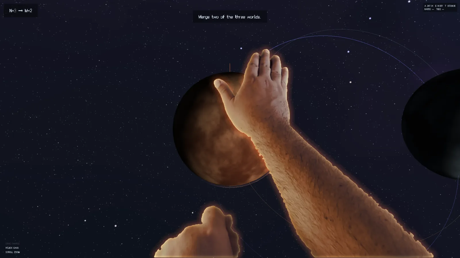 Twin Worlds: a giant hand pressed against a rocky planet in locked mode, with a second dark world and its orbit ellipse behind; the goal reads N=3 to M=2.