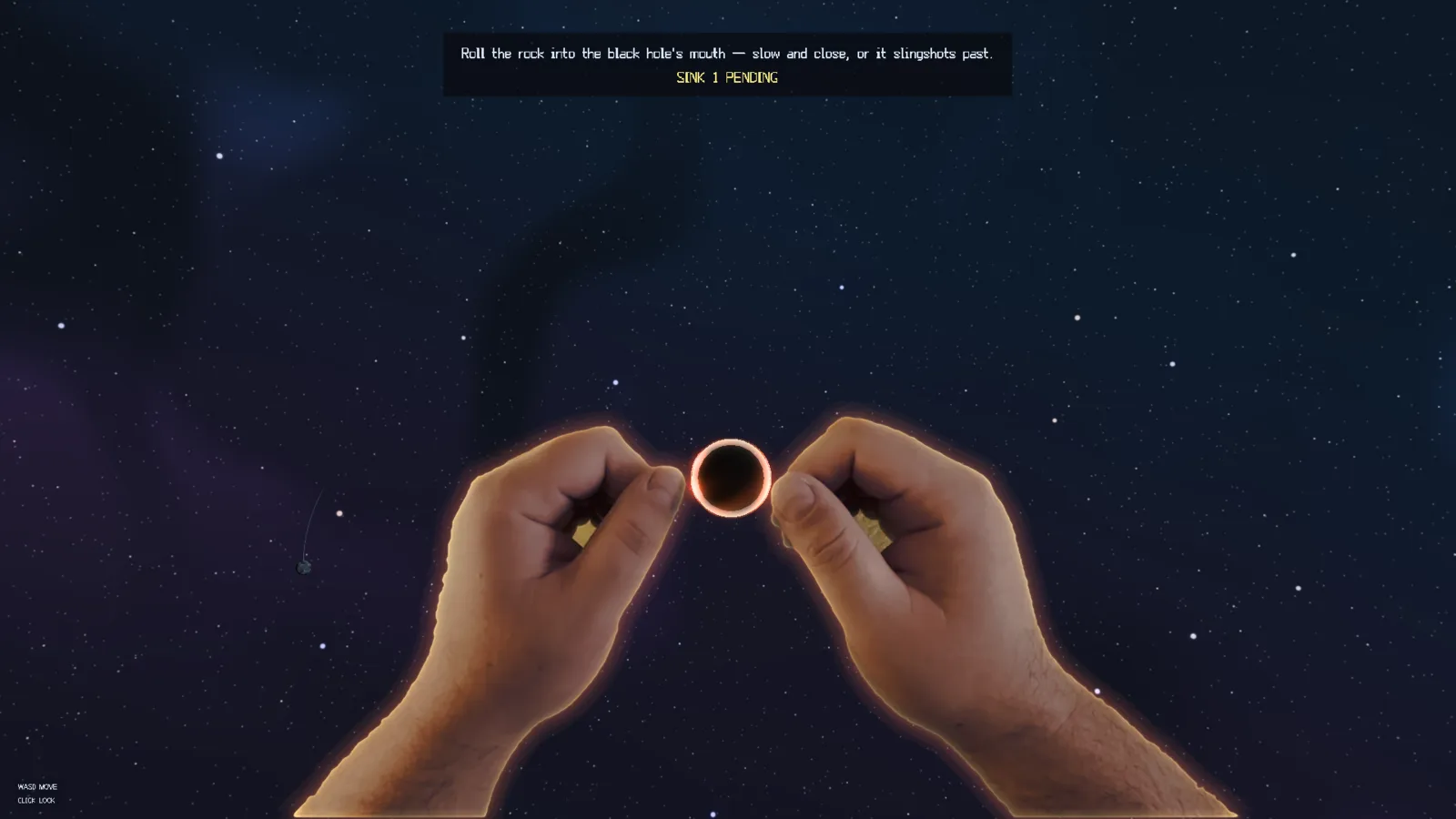 Corner Pocket: two hands cupping a black hole rimmed by a glowing orange ring, with a small rock on an approach arc to the left.