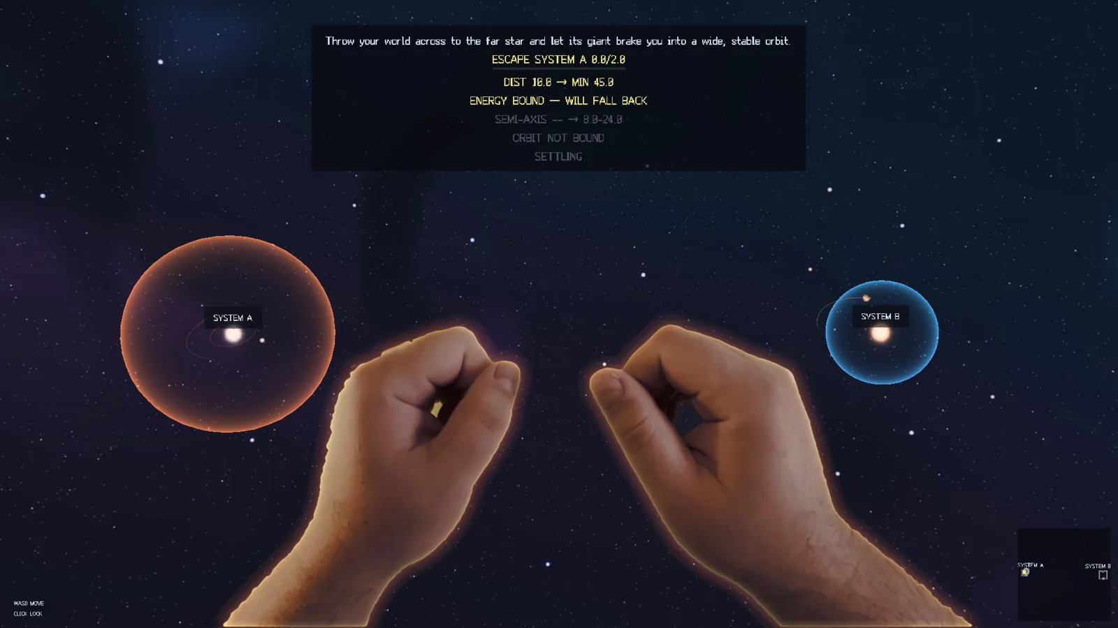 First Contact: two labelled star systems, System A in orange and System B in blue, hang either side of a pair of hands, with a galaxy minimap in the corner.