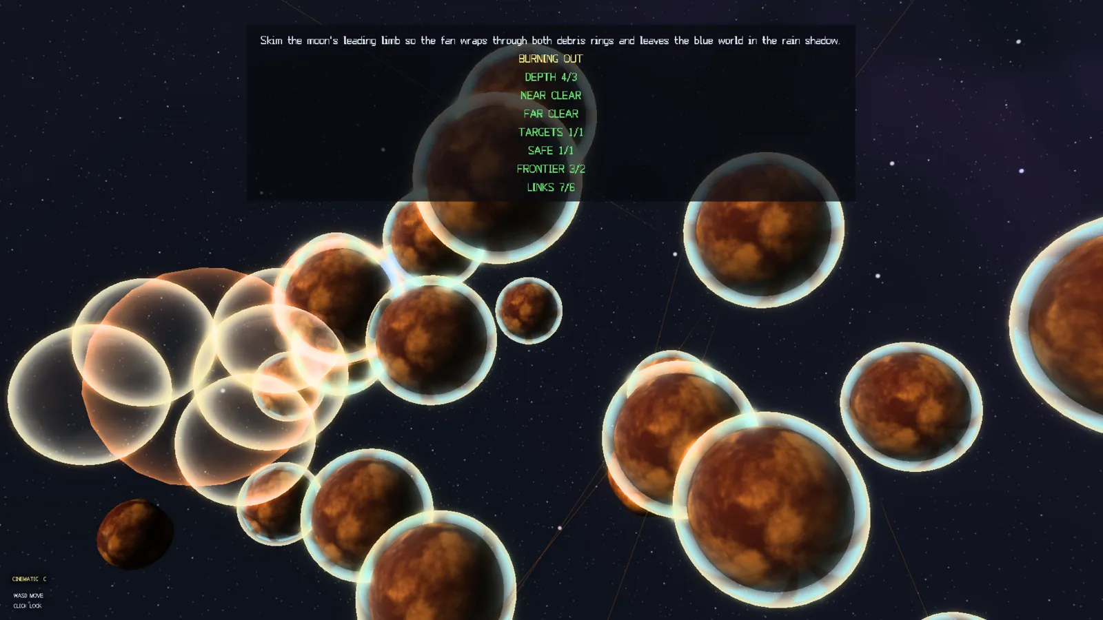 The Hard Rain: dozens of glowing, ring-lit rock fragments tumble toward the camera mid-cascade; the objective readout tracks depth, links, and the protected world.