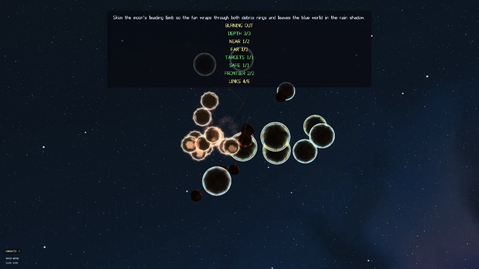 A fan of freshly shattered fragments with hot cores spreads out from the impact point against the starfield.