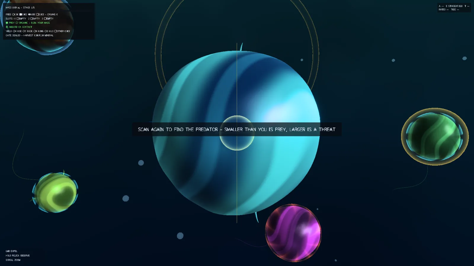 Cosmic Evolution: a large blue cell in a teal pool surrounded by smaller green, magenta, and yellow cells, with a scan prompt and a mass and organ readout.