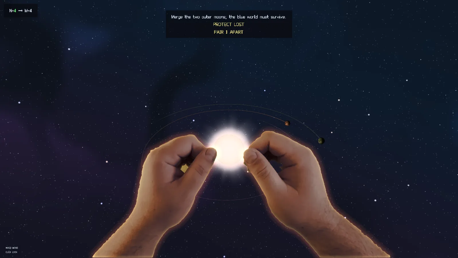 Two giant glowing hands cupping a bright star while a blue world and two rocky planets trace their orbits around it; the level's objective banner sits at the top of the frame.