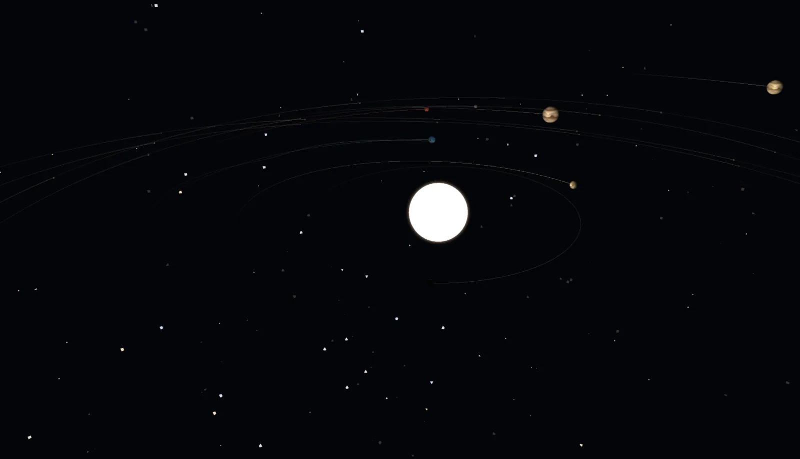 The MOONFLICK orrery: a bloom-lit star with planets fanned along their fading orbit trails against a starfield.