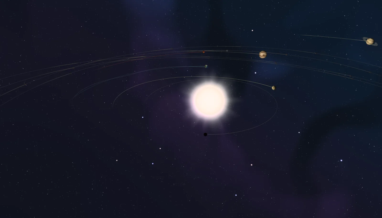 Idle Universe: a bloom-lit star with planets fanned along their fading orbit trails against a nebula-streaked starfield.