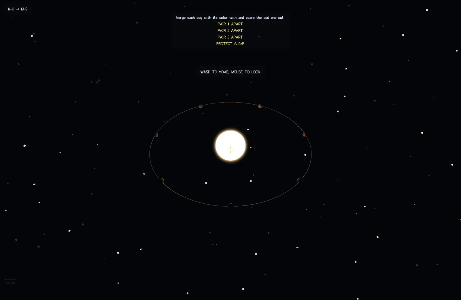Clockwork Orrery: a bright central star ringed by eight coloured worlds on a shared orbit; the goal reads N=8 to M=5.