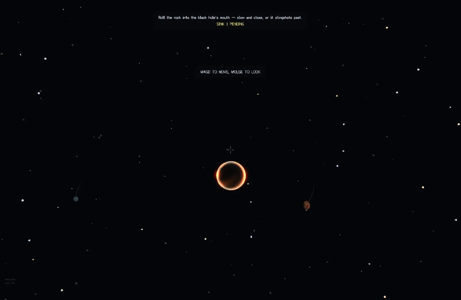 Corner Pocket: a black hole rimmed by a glowing orange accretion ring, with two worlds trailing toward its mouth.