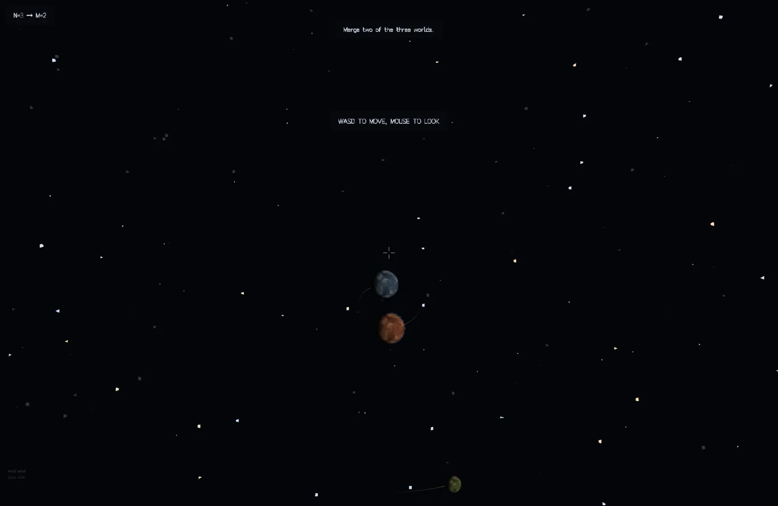 Twin Worlds: three planets tracing orbit ellipses against a starfield; the goal reads N=3 to M=2.
