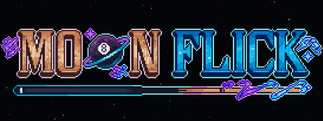 The MOONFLICK pixel-art wordmark with a ringed 8-ball planet and a cosmic pool cue on a starfield (small Steam capsule).