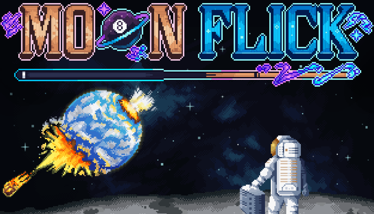 Pixel-art key art: the MOONFLICK wordmark and cue above a blue planet cracking open from a fiery impact, watched by an astronaut standing on a grey moon.