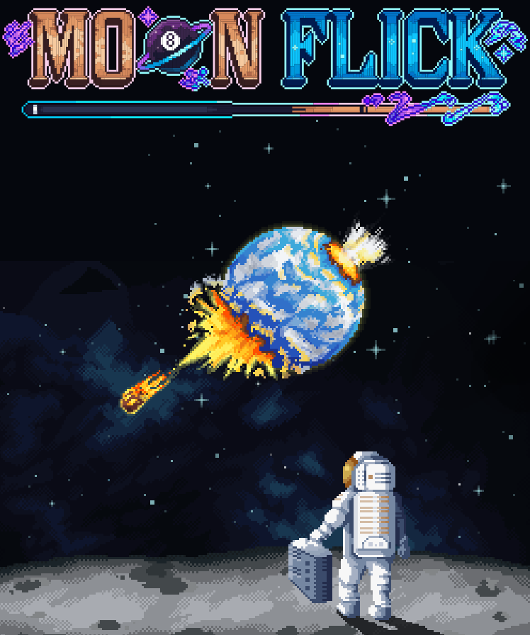 Pixel-art key art in portrait: the MOONFLICK wordmark above a blue planet cracking open from a fiery impact, with an astronaut on a grey moon below.