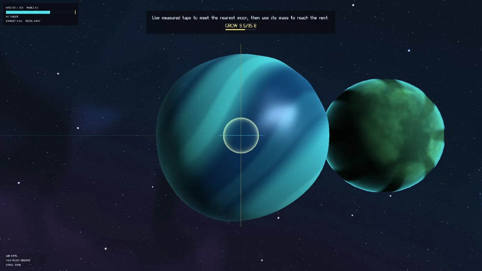 Cosmic Survival: a striped blue organism seen from behind wraps a green moon with glowing tendrils; the objective reads Grow.
